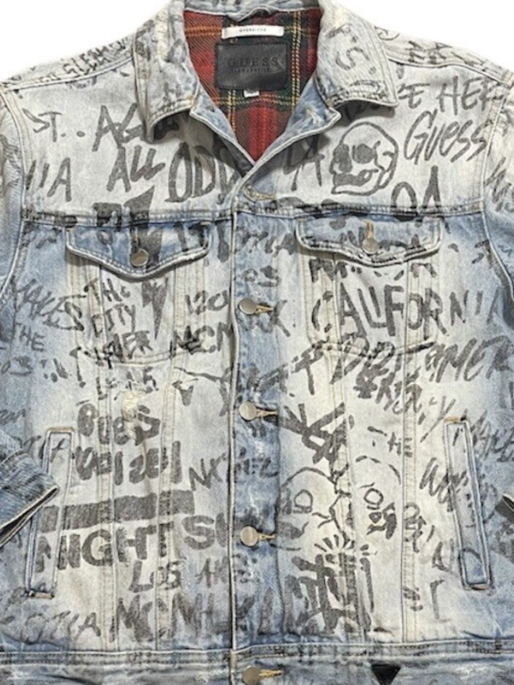 Guess Vintage Men’s Light Blue All Over Graffiti Oversized Denim Jacket Sz XXL - Picture 10 of 15